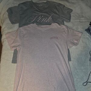 Victoria's Secret PINK 2pc embroidered Logo'd tshirts gray/pink shimmer